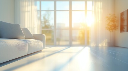 Soft morning sunlight streaming through a large window in a blurred living room, ideal for bright interior backdrops