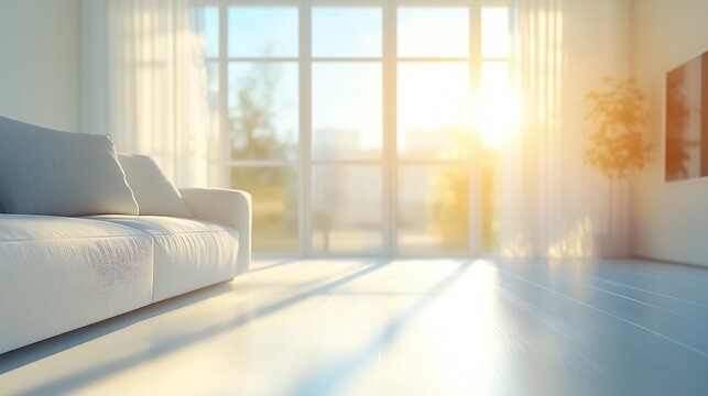 Soft morning sunlight streaming through a large window in a blurred living room, ideal for bright interior backdrops