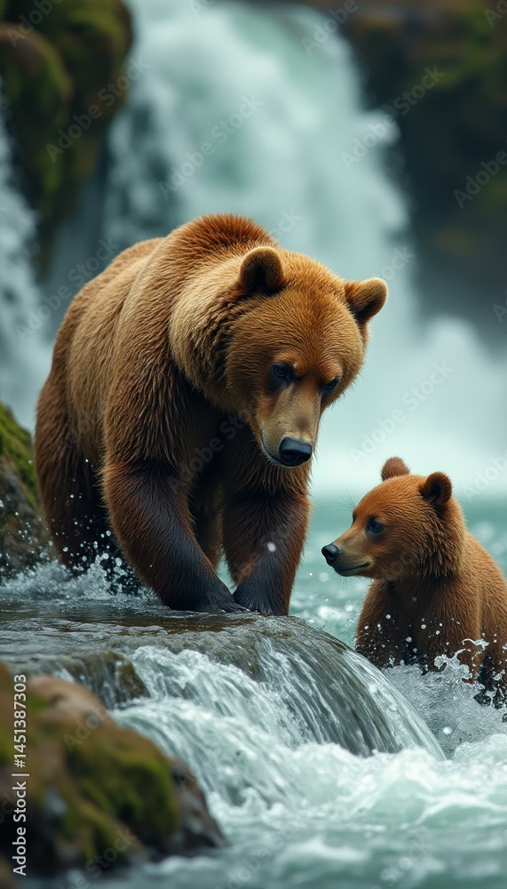 Poster brown bear and cub in river with waterfall in the background