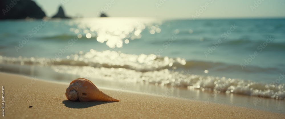 Poster seashell resting on a sandy beach with sparkling sea