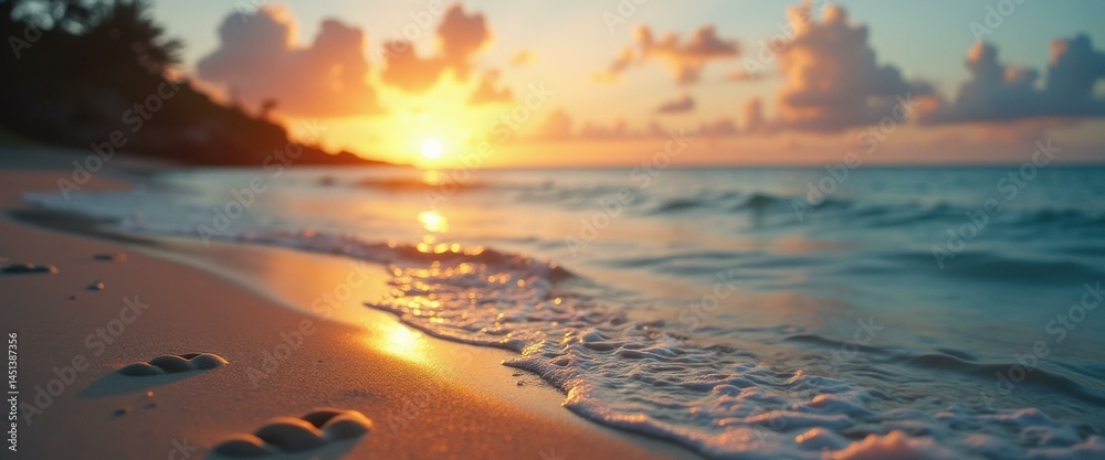 Aufkleber serene beach at sunrise with gentle waves lapping the shore and the sun reflecting on the wet sand.