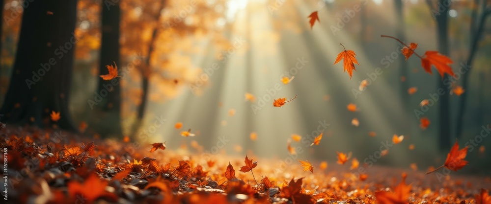 Poster autumn forest with falling leaves and sunbeams creating a warm and inviting atmosphere in a seasonal