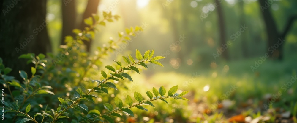 Leinwandbilder Sunlit branch with green leaves in a serene forest setting with a bokeh effect creating a sense of peaceful nature