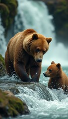 Obraz premium Brown bear and cub in river with waterfall in the background