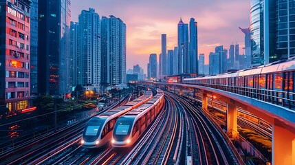 Fototapeta premium Urban Train at Sunset with Skyscrapers and City Lights in Background