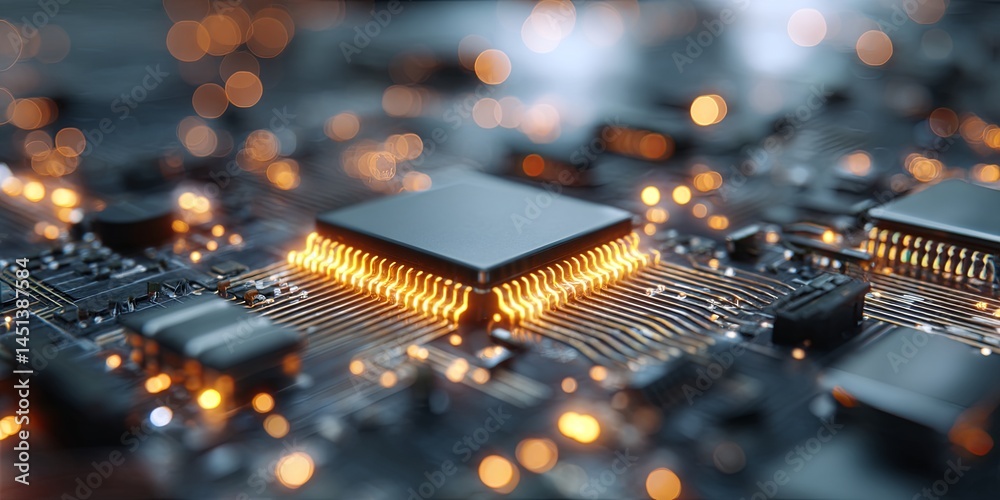 Leinwandbilder high-tech circuit board close-up featuring ai chip surrounded by glowing components and electronic d