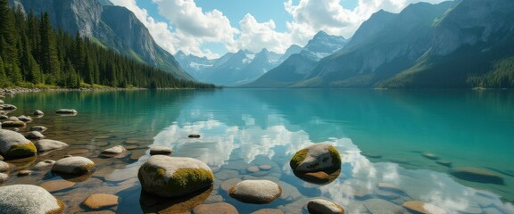 Serene turquoise lake reflecting majestic mountains and cloudy sky, with rocks visible in the clear, shallow water.