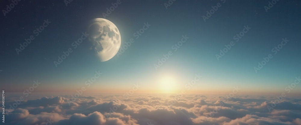 Poster dreamlike cosmic sunrise over the clouds with a large moon, creating a serene and otherworldly panor
