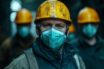 Focused industrial workers in protective gear, serious expressions.