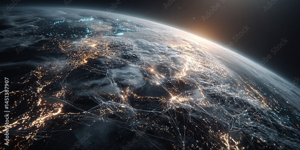 Leinwandbilder Futuristic Data Visualization with Satellite and Earth, Concept of Global Connectivity and Digital Technology in Space Environment