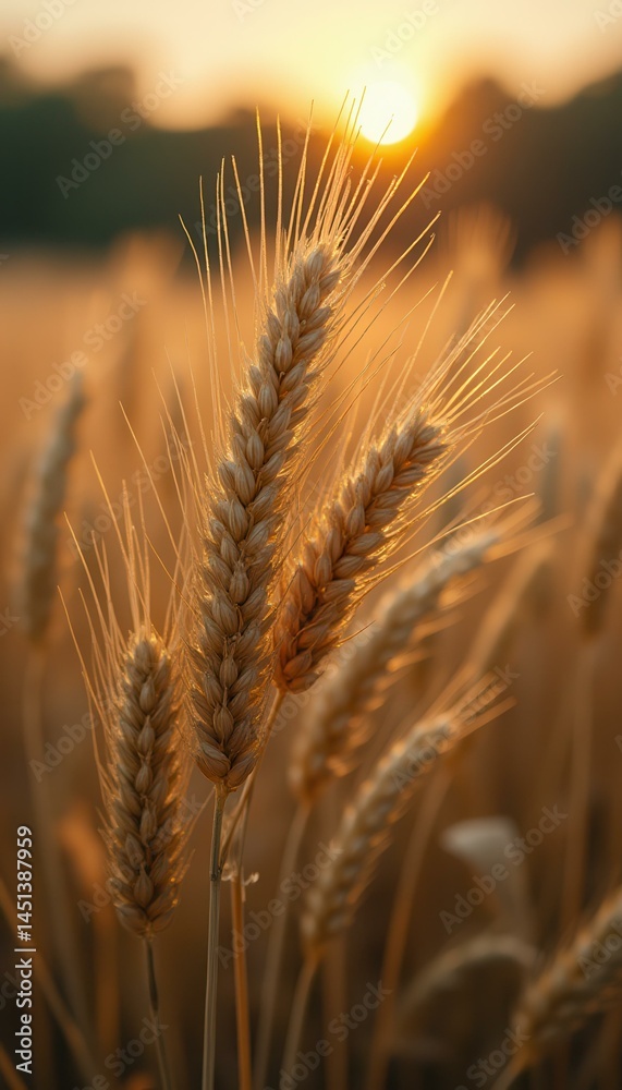 Poster golden wheat field glowing at sunset with backlit ears of grain in warm light, creating a picturesqu