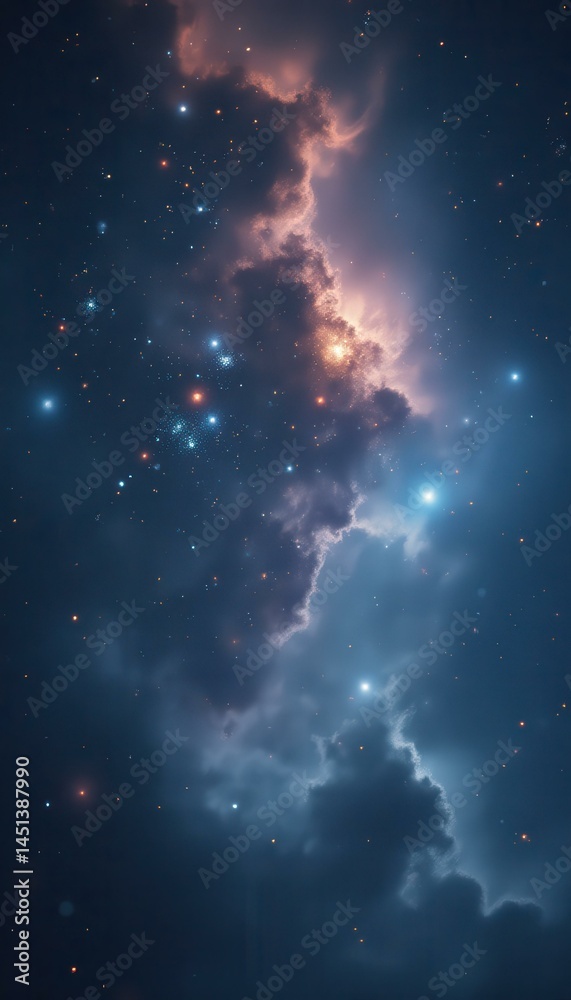 Poster ethereal cosmic tapestry: a majestic nebula displaying celestial clouds, sparkling star clusters, an