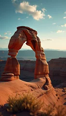 Gardinen Majestic sandstone arch under a serene blue sky, bathed in warm sunlight, with distant mountains and desert landscape © vadosloginov
