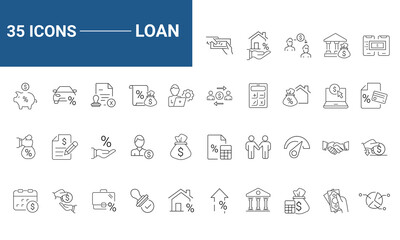 Loan set of web icons in line style. Loan and Credit linear icon collection. Containing loan, money, credit rating, business, leasing, interest, calculator, income, banking and more. Editable stroke