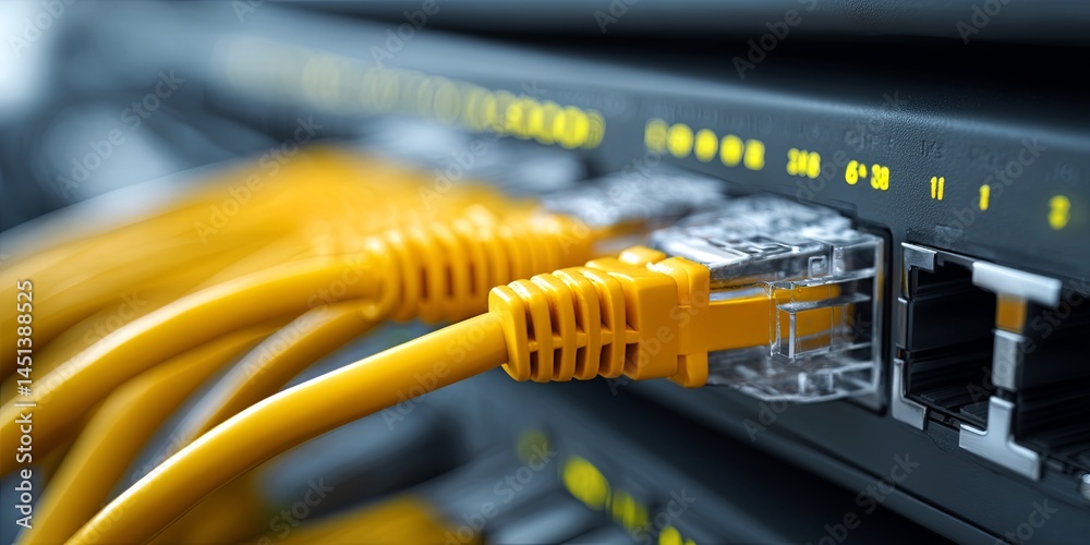 Poster Detailed Close-Up of Yellow Ethernet Cable Connected to Internet Port on Router with Network Equipment Background