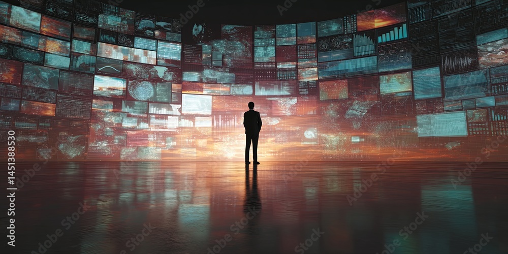 Fototapete Futuristic Technology Environment with Digital Displays and Silhouette of Person Surrounded by Data Visualizations and Information Overload