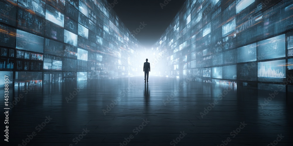 Poster Futuristic Technology Environment with Digital Displays and Silhouette of Person Surrounded by Data Visualizations and Information Overload