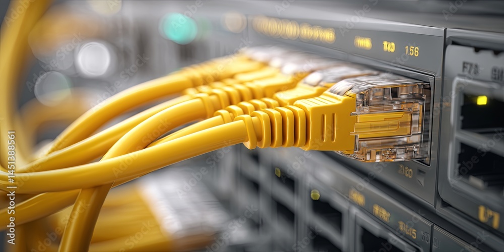 Poster Detailed Close-Up of Yellow Ethernet Cable Connected to Internet Port on Router with Network Equipment Background