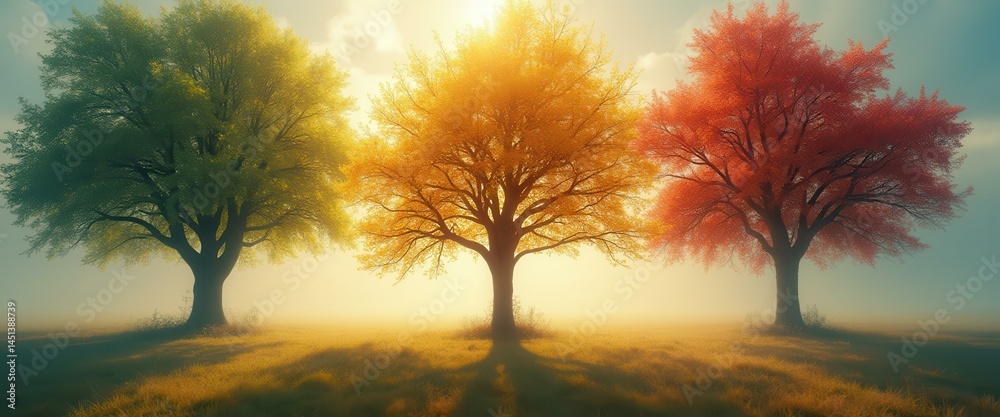 Poster autumn trees in vibrant colors stand proudly in a misty field, bathed in soft, diffused sunlight.