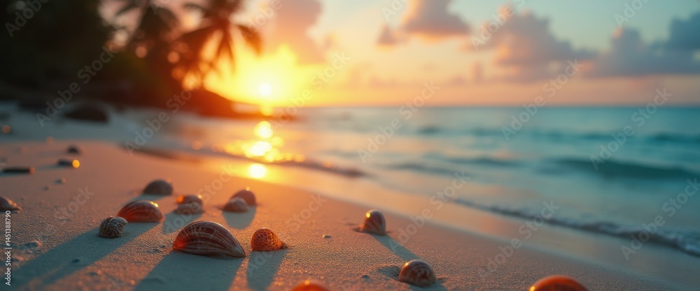 Poster Sunset on a tropical beach with shells in the foreground, creating a serene and inviting atmosphere.