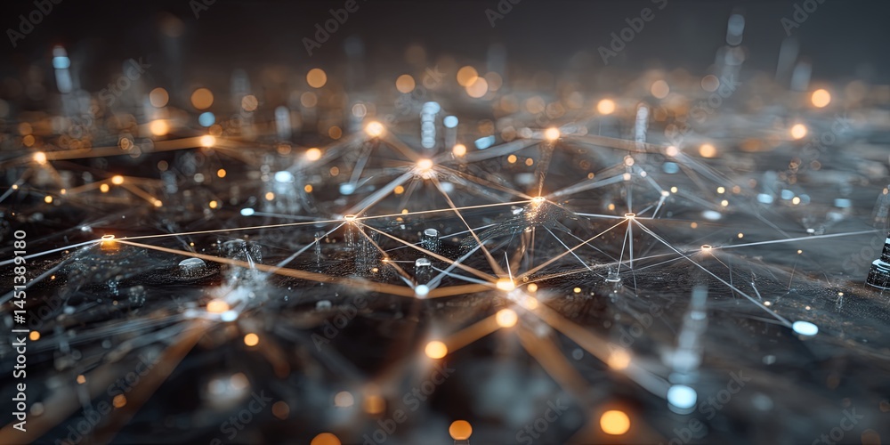 Poster futuristic digital network concept showing interconnected icons representing technology, data, commu