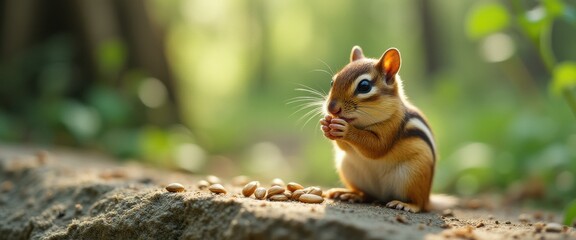 Obraz premium Adorable Chipmunk Feasting on Seeds in a Sunny Forest Glade