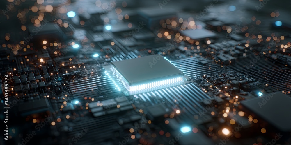 Poster Futuristic AI Chip Surrounded by Digital Particles and Glowing Effects in High-Tech Environment