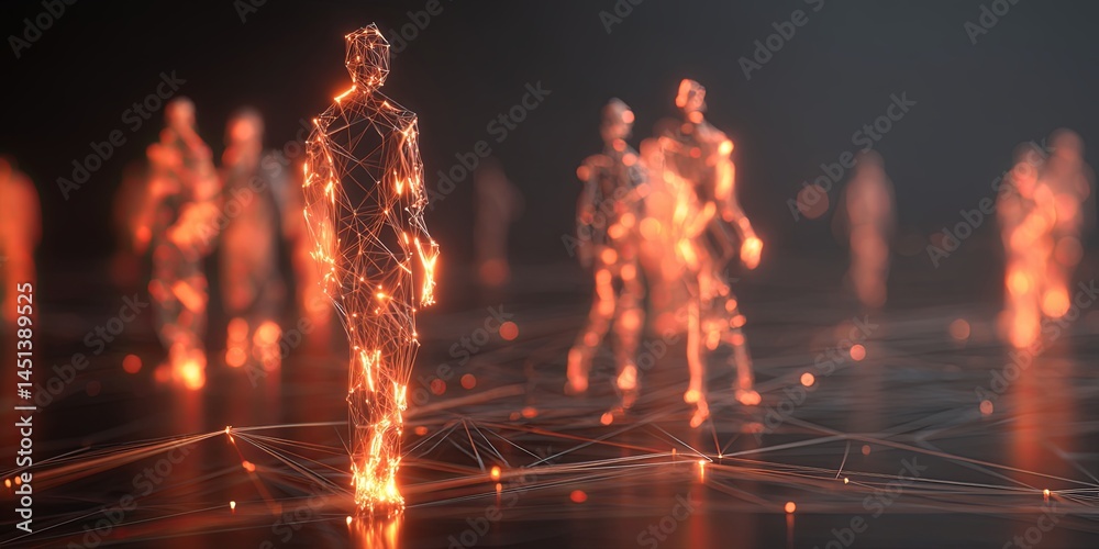 Poster Abstract representation of virtual human connections with glowing figures and network lines emphasizing digital communication and networking concept