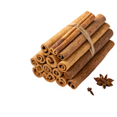 Cinnamon stick pile top view isolated on white background