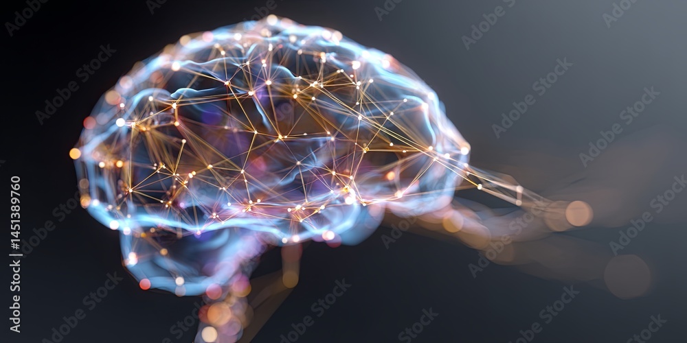 Poster Colorful Abstract Brain Representation with Glowing Network Connections on Dark Background for Conceptual Art and Technology Themes