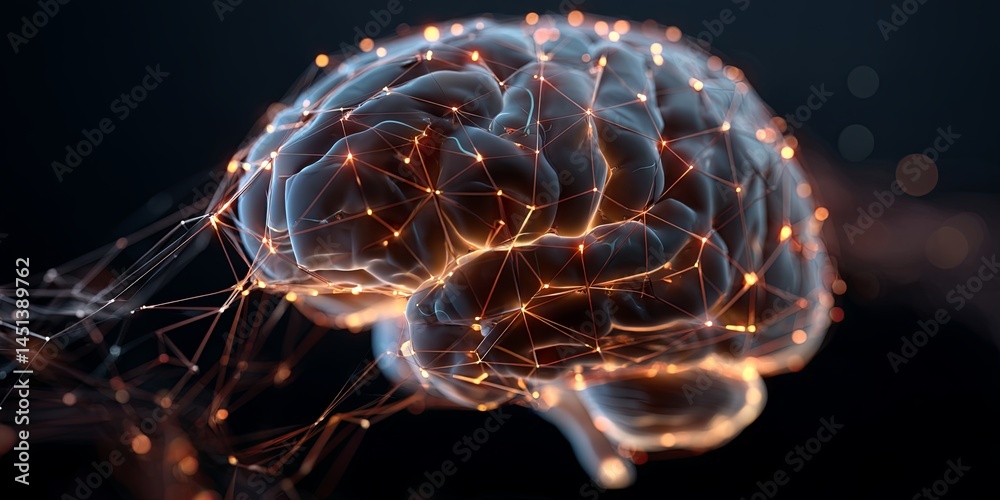 Poster Colorful Abstract Brain Representation with Glowing Network Connections on Dark Background for Conceptual Art and Technology Themes