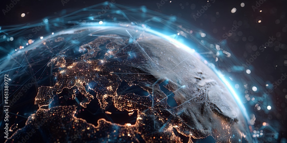 Aufkleber Digital representation of Earth with glowing data connections and futuristic technology background showcasing the concept of global networking and information flow