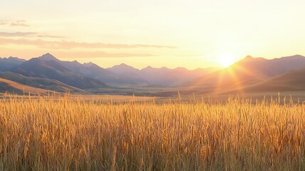 Golden Wheat Field at Sunset with Soft Mountains in the Background