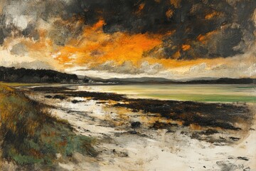 Fototapeta premium Dramatic sunset over calm coastal waters, reflecting fiery orange hues on the tranquil beach and dark clouds