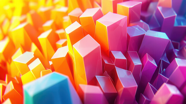 Side angle 4K realistic 3D background showing various geometric forms with vibrant colors creating a modern and dynamic visual experience in striking detail.