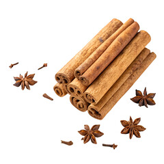Cinnamon stick pile top view isolated on white background