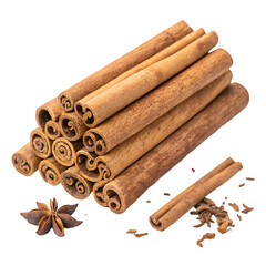 Cinnamon stick pile top view isolated on white background