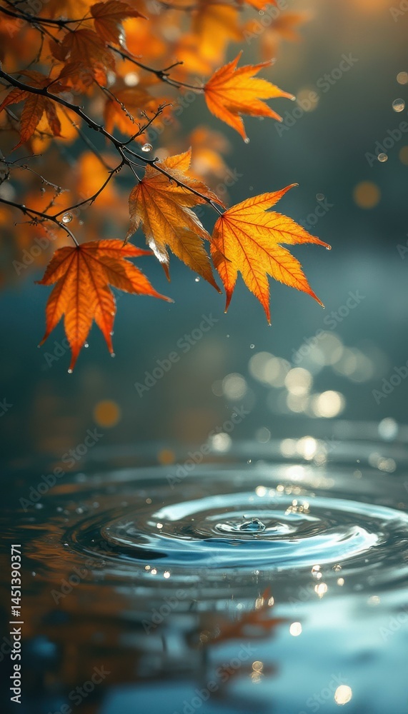 Poster tranquil water ripples with autumn leaves and sunlight, creating a peaceful atmosphere in a natural 