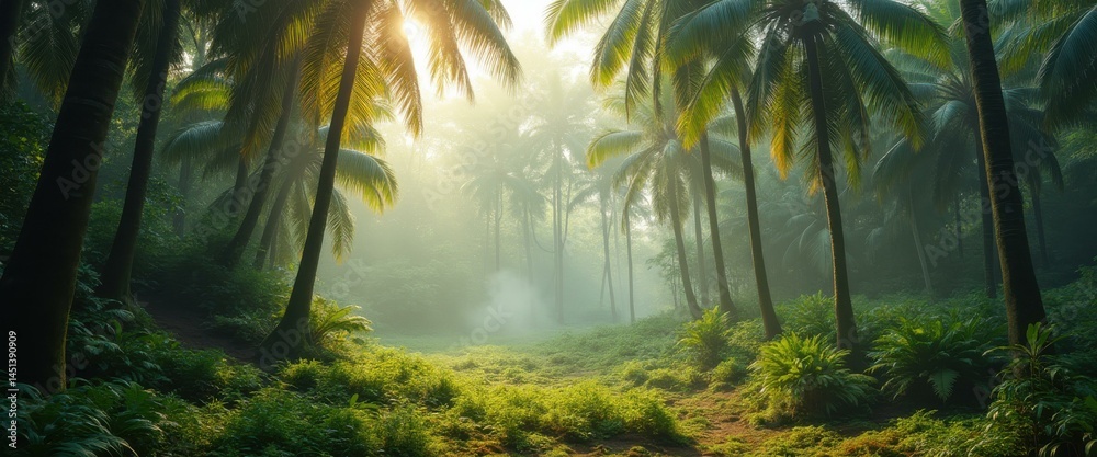Aufkleber Verdant pathway through a misty tropical rainforest with towering palm trees and dappled sunlight filtering through the dense canopy
