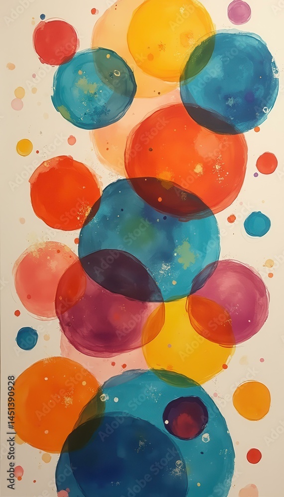 Poster vibrant abstract composition of playful bubbles in overlapping watercolor style