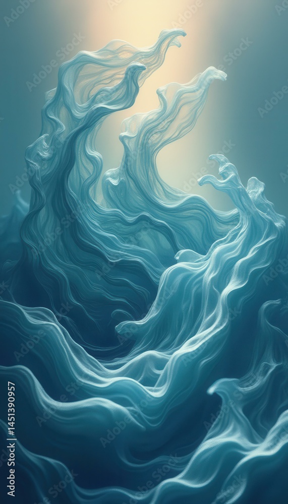 Poster Abstract liquid motion with fluid dynamics in light blue and white hues, simulating natural flow patterns and ethereal designs.