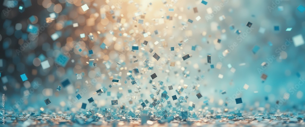 Poster ethereal cascade of shimmering teal confetti against a backdrop of golden bokeh