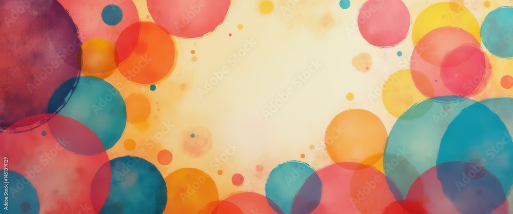 Poster a vibrant abstract composition of playful, colorful watercolor circles with a bright and inviting ye