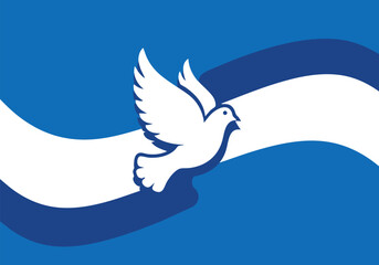 Stylized White Dove Flying Over Blue and White Wavy Stripes