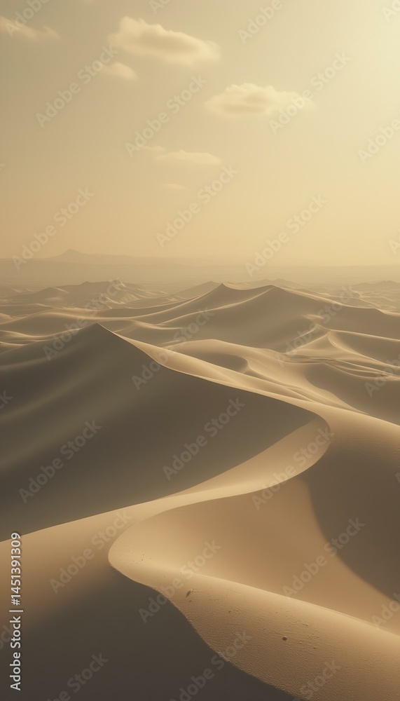 Poster ethereal sand dunes landscape with flowing curves under a hazy sky for adventure or environmental th