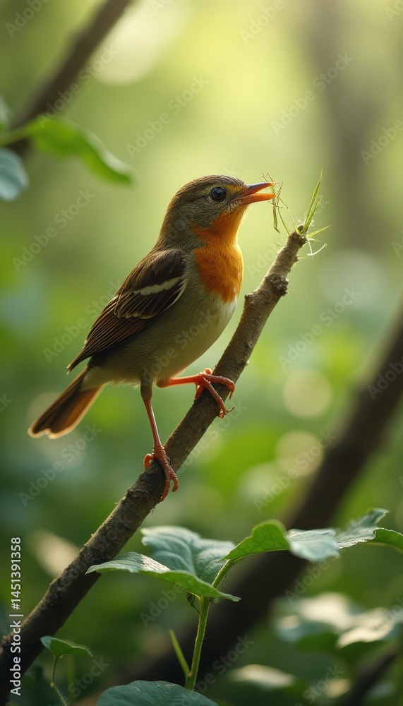 Aufkleber Tiny Bird Perched on Branch with Nesting Material in Beak - Close-Up View in Natural Habitat