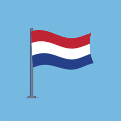 Waving Netherlands flag with red white and blue horizontal stripes on a gray pole