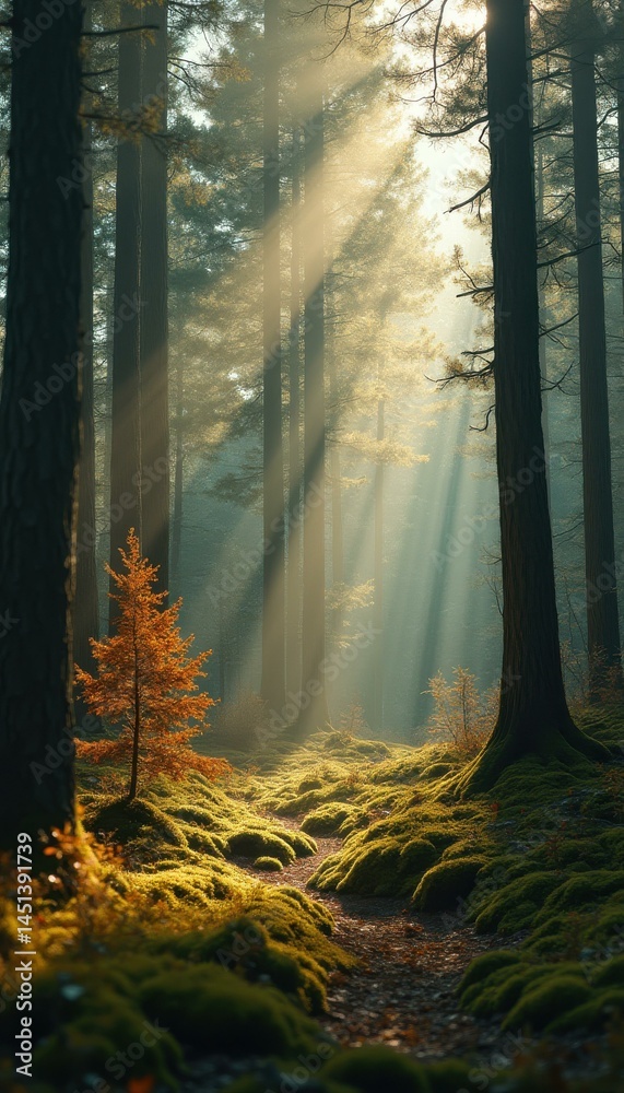 Poster Ethereal Forest Path: Sunlight Filtering Through the Trees in a Tranquil Woodland Scene