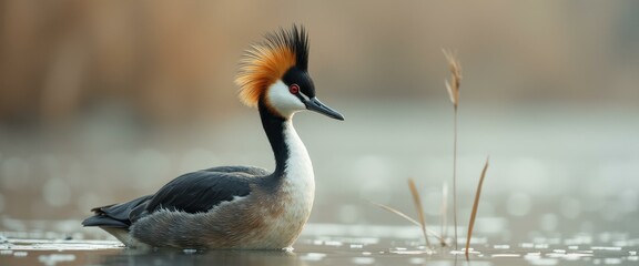 Obraz premium Great Crested Grebe in Serene Waters: Detailed Portrait of Wildlife and Nature