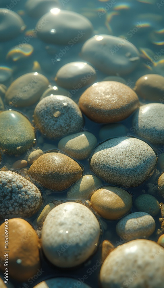 Poster serene pebbles under shimmering water create a peaceful and meditative scene with abstract light ref